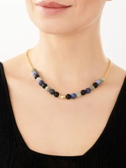 Naszyjnik z mosiądzu pozłacany z agatami, labradorytami i sodalitami