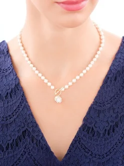 Naszyjnik z mosiądzu pozłacany z cyrkoniami i perłami