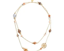 Naszyjnik z mosiądzu pozłacany z agatami, kamieniami słonecznymi i szklanymi detalami - rozeta