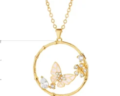 Naszyjnik z mosiądzu pozłacany z cyrkoniami i emalią - motyl, kwiaty