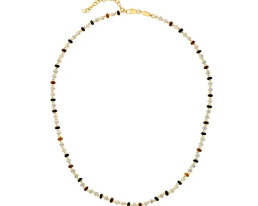 Naszyjnik z mosiądzu pozłacany z agatami, masą perłową i tygrysim okiem