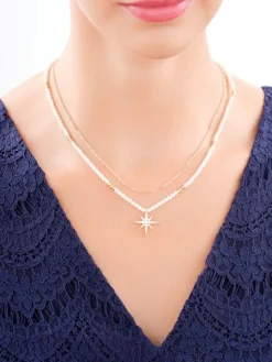 Naszyjnik z mosiądzu pozłacany z cyrkoniami i perłami - gwiazda