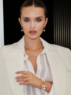 Naszyjnik z mosiądzu pozłacany z cyrkoniami i perłami - gwiazda