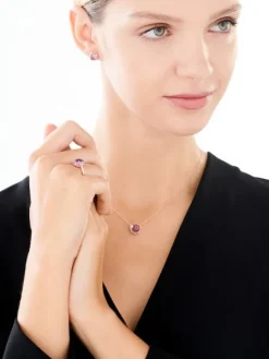 Naszyjnik z różowego złota z diamentami i ametystem - liście - próba 585