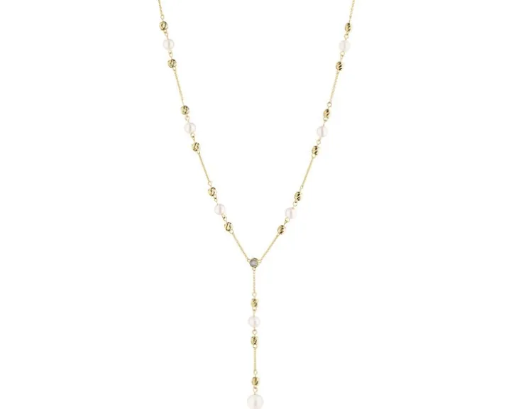 Naszyjnik z żółtego i białego złota z brylantem i perłami - próba 585