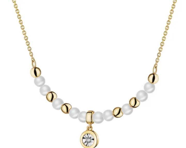 Naszyjnik z żółtego i białego złota z brylantem i perłami - próba 585