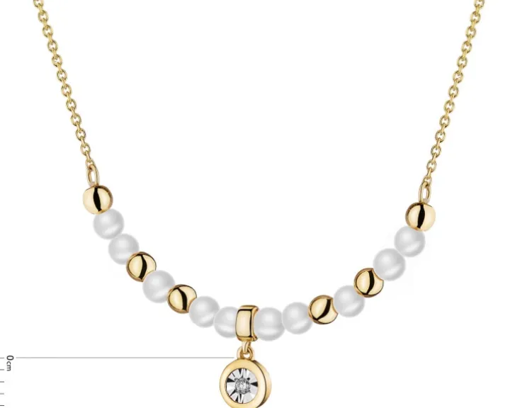 Naszyjnik z żółtego i białego złota z brylantem i perłami - próba 585