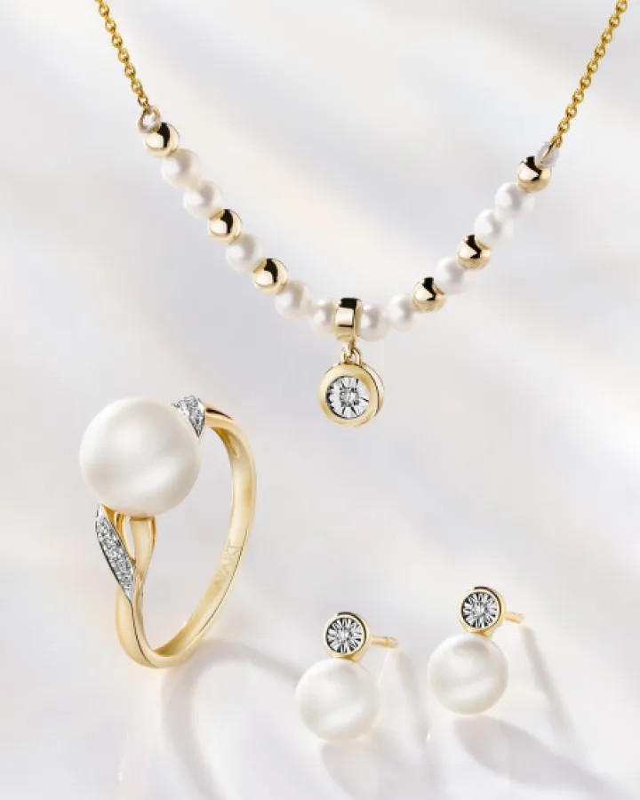 Naszyjnik z żółtego i białego złota z brylantem i perłami - próba 585