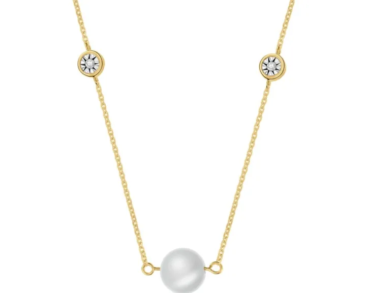 Naszyjnik z żółtego i białego złota z diamentami i perłą - próba 375