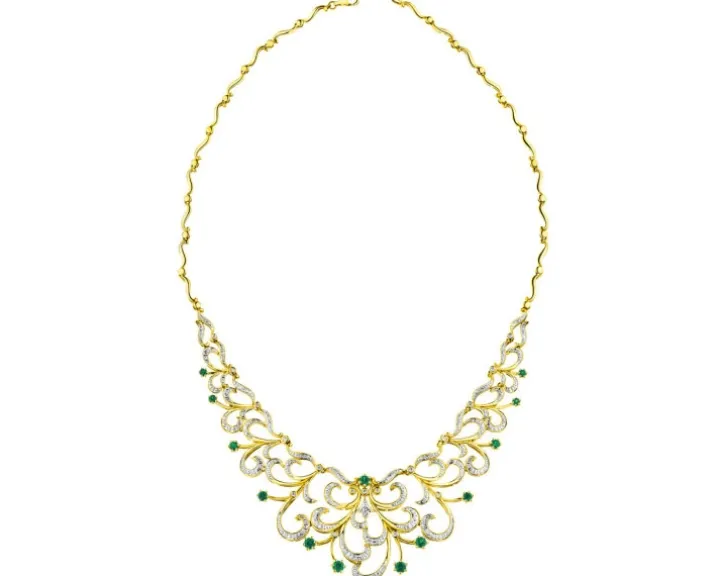 Naszyjnik z żółtego złota z brylantami i szmaragdami - 43 cm - próba 585