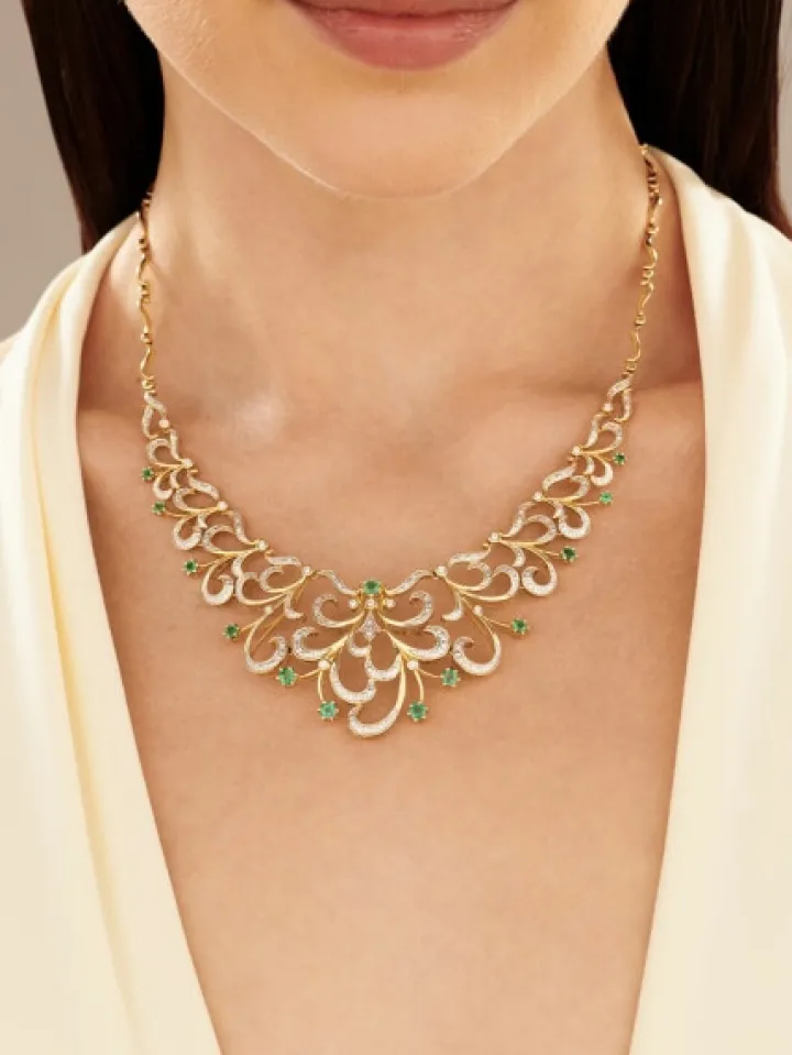 Naszyjnik z żółtego złota z brylantami i szmaragdami - 43 cm - próba 585