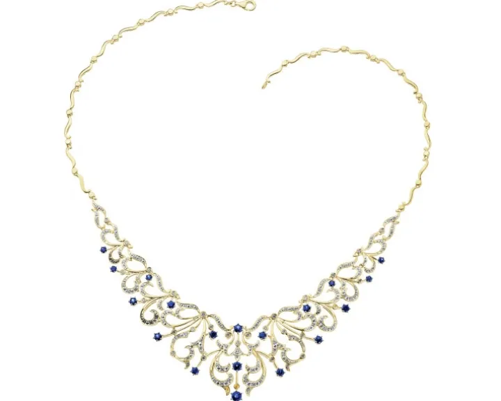 Naszyjnik z żółtego złota z brylantami i szafirami - 45 cm - próba 585