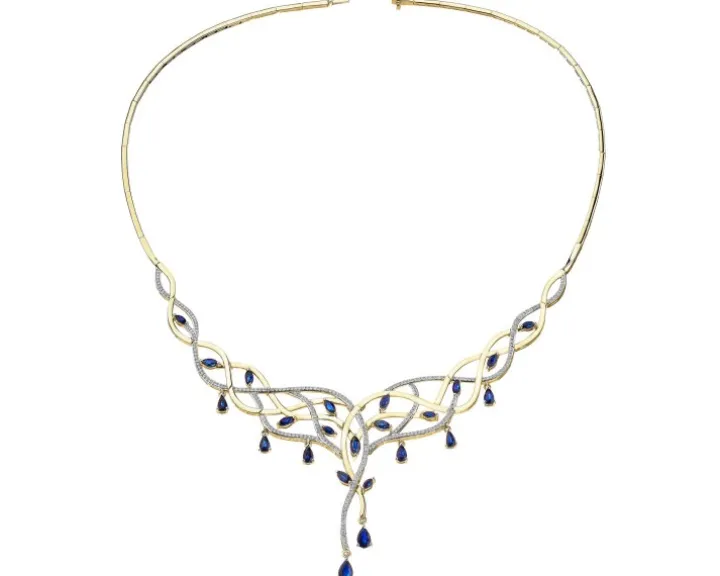 Naszyjnik z żółtego złota z brylantami i szafirami - próba 585