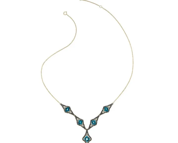 Naszyjnik z żółtego złota z brylantami i topazami London Blue - próba 585