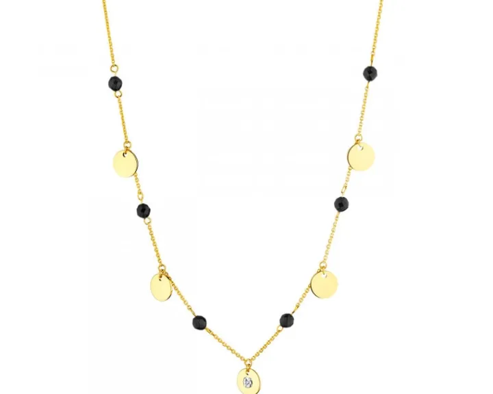 Naszyjnik z żółtego złota z brylantem i agatami - 45 cm - próba 375