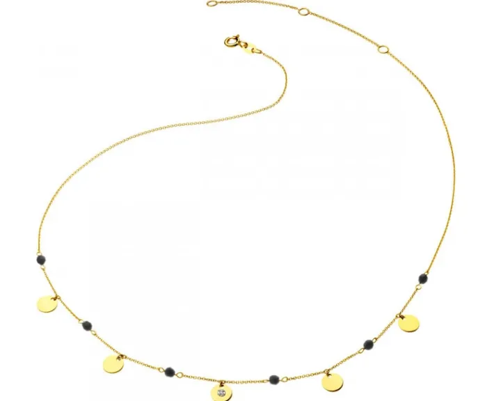 Naszyjnik z żółtego złota z brylantem i agatami - 45 cm - próba 375