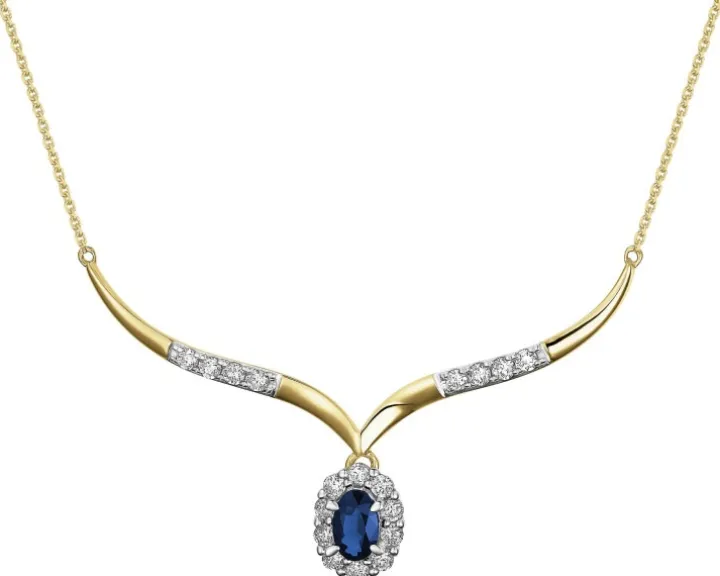 Naszyjnik z żółtego złota z brylantami i szafirem - próba 585
