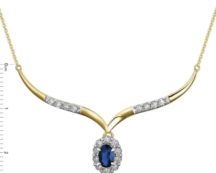 Naszyjnik z żółtego złota z brylantami i szafirem - próba 585