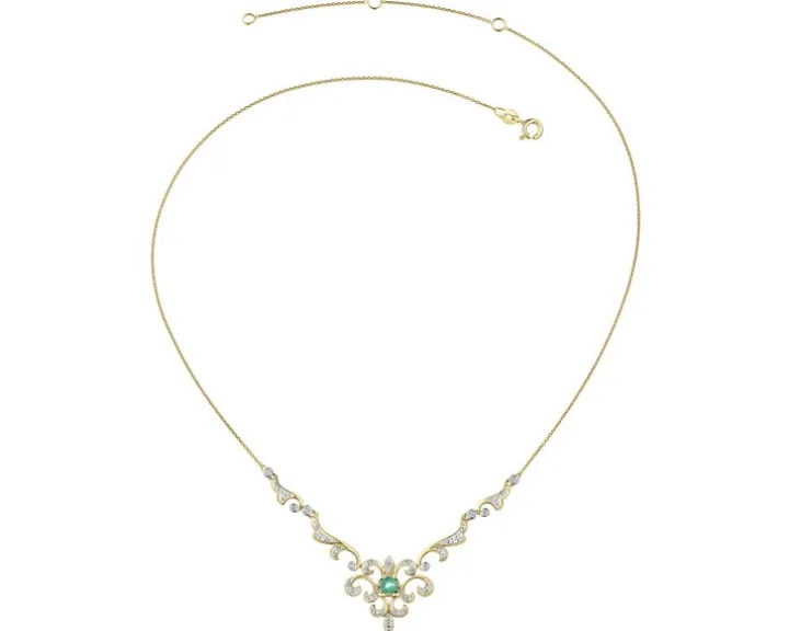 Naszyjnik z żółtego złota z brylantami i szmaragdem - próba 585
