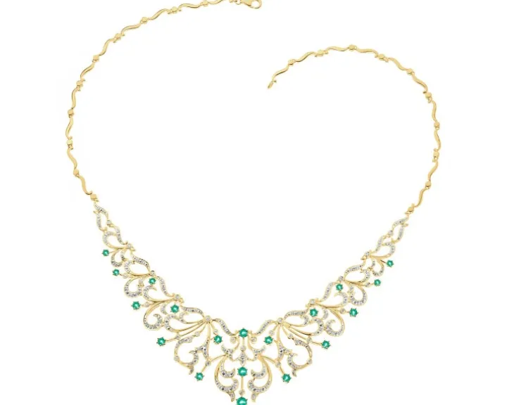 Naszyjnik z żółtego złota z brylantami i szmaragdami - 43 cm - próba 585