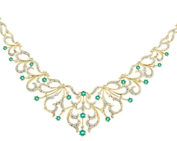 Naszyjnik z żółtego złota z brylantami i szmaragdami - 43 cm - próba 585