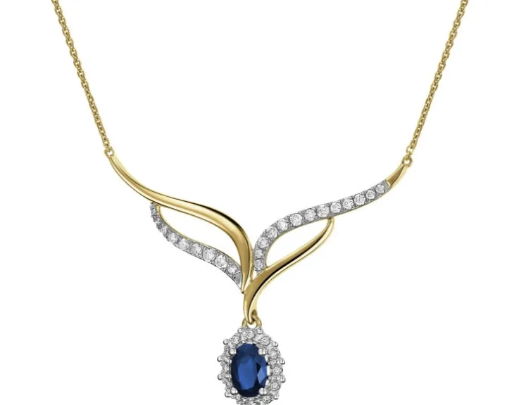 Naszyjnik z żółtego złota z brylantami i szafirem - próba 585
