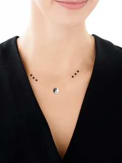 Naszyjnik z żółtego złota z diamentami, emalią i agatami - yin yang - próba 375