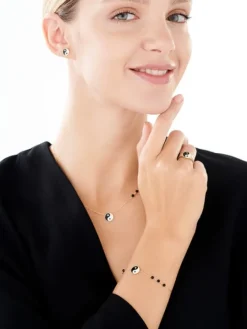 Naszyjnik z żółtego złota z diamentami, emalią i agatami - yin yang - próba 375