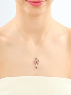 Naszyjnik z żółtego złota z diamentem i rodolitami - próba 585