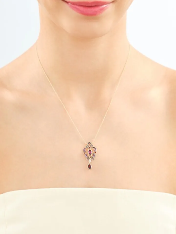 Naszyjnik z żółtego złota z diamentem i rodolitami - próba 585