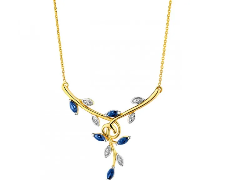 Naszyjnik z żółtego złota z diamentami i szafirami - liście - próba 585