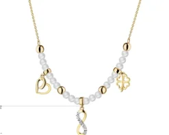 Naszyjnik z żółtego złota z diamentem i perłami - serce, nieskończoność, koniczyna - próba 585