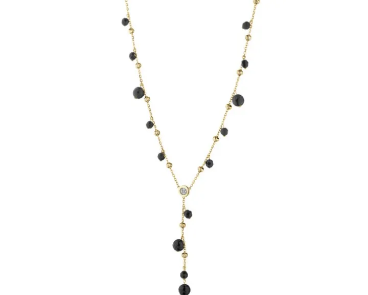 Naszyjnik z żółtego złota z diamentem i agatami - kulki - próba 375