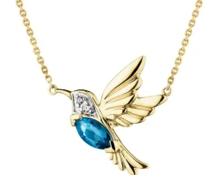 Naszyjnik z żółtego złota z diamentami i topazem London Blue - koliber - próba 375