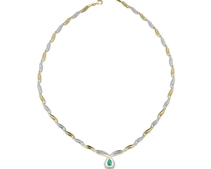 Naszyjnik z żółtego złota z diamentami i szmaragdem - 45 cm - próba 585