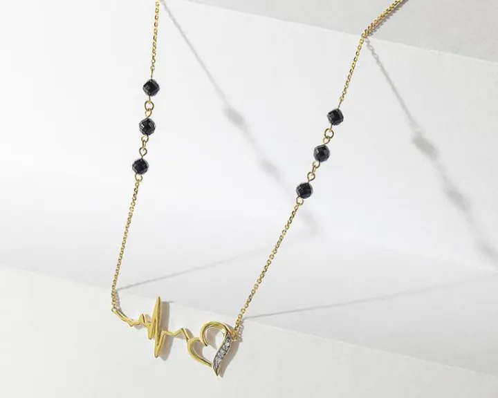 Naszyjnik z żółtego złota z diamentami i agatami - EKG serca - próba 375