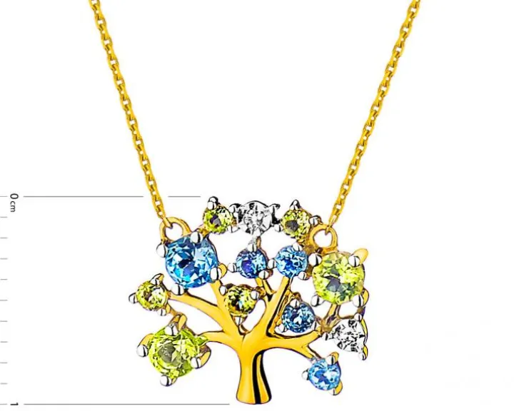 Naszyjnik z żółtego złota z diamentami, peridotami i topazami - drzewko - próba 375