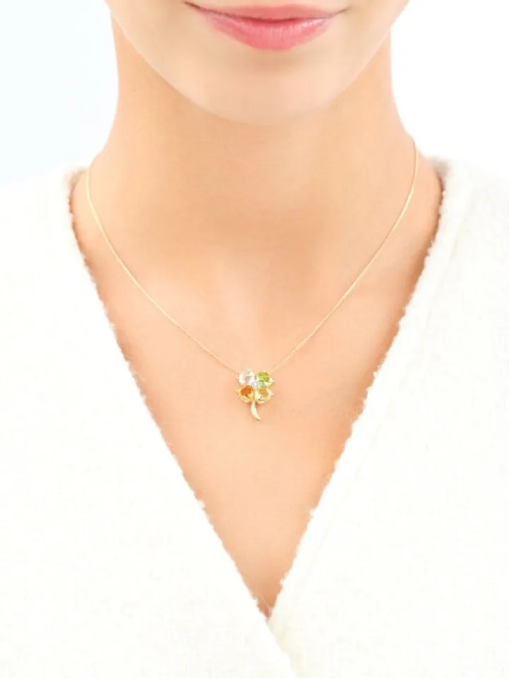 Naszyjnik z żółtego złota z diamentem i kamieniami ozdobnymi - koniczyna - próba 585