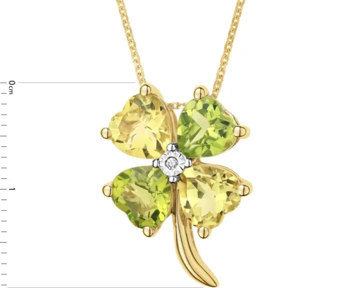 Naszyjnik z żółtego złota z diamentem i kamieniami ozdobnymi - koniczyna, serca - próba 375