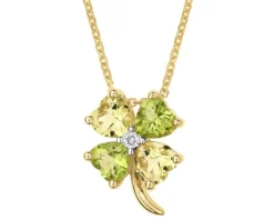 Naszyjnik z żółtego złota z diamentem i kamieniami ozdobnymi - koniczyna, serca - próba 375