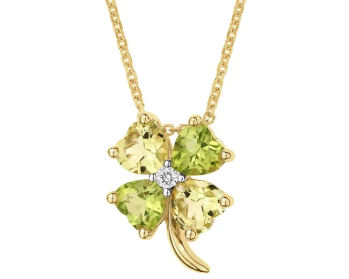 Naszyjnik z żółtego złota z diamentem i kamieniami ozdobnymi - koniczyna, serca - próba 375