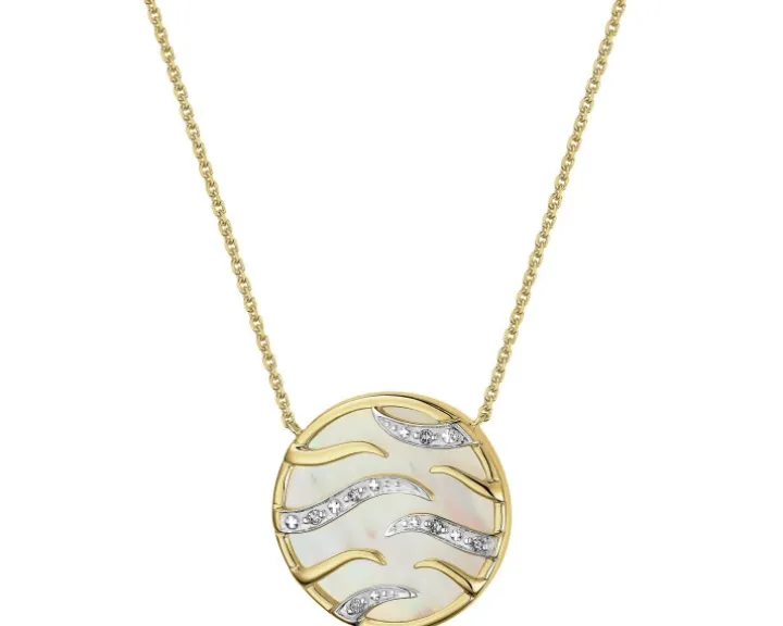 Naszyjnik z żółtego złota z diamentami i masą perłową - próba 375