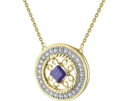 Naszyjnik z żółtego złota z diamentami i szafirem - rozeta - próba 585