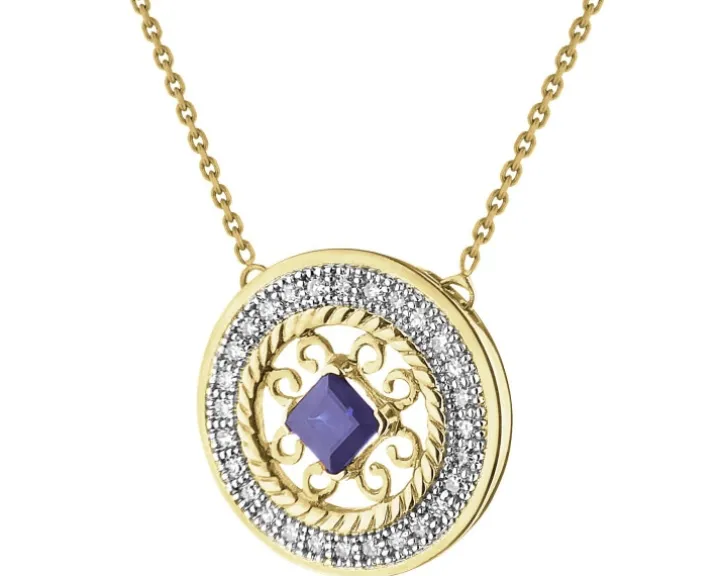 Naszyjnik z żółtego złota z diamentami i szafirem - rozeta - próba 585
