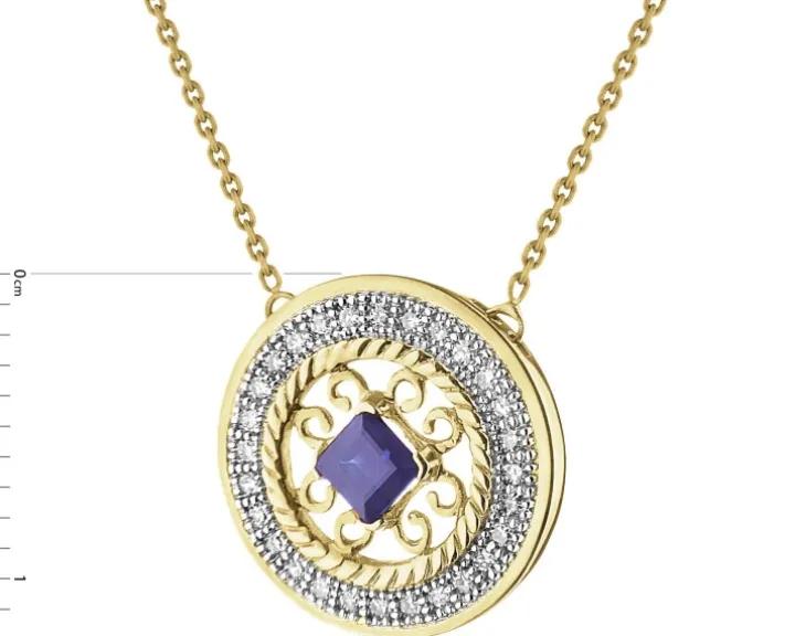 Naszyjnik z żółtego złota z diamentami i szafirem - rozeta - próba 585