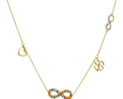 Naszyjnik z żółtego złota z diamentami, kamieniami szlachetnymi i ozdobnymi - nieskończoność, koniczyna, serce - próba 375