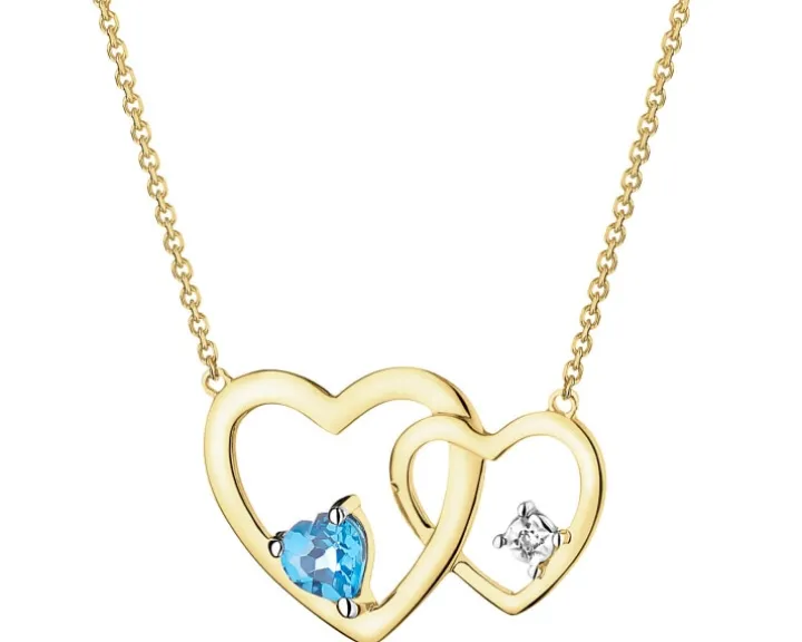 Naszyjnik z żółtego złota z diamentem i topazem - serca - próba 375