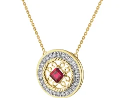 Naszyjnik z żółtego złota z diamentami  i rubinem - rozeta - próba 585