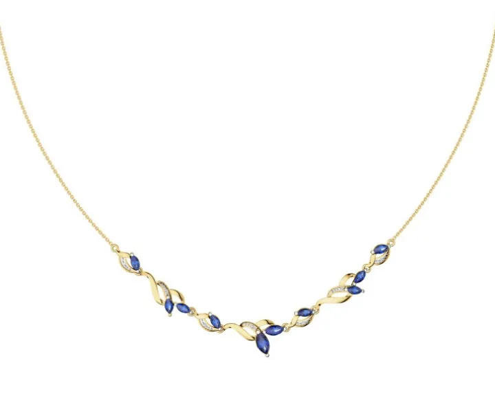 Naszyjnik z żółtego złota z diamentami i szafirami syntetycznymi - próba 375