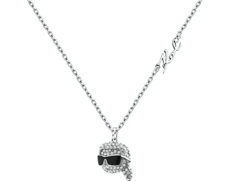 Naszyjnik ze stali szlachetnej z cyrkoniami i emalią - główka Karl Lagerfeld